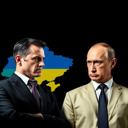 A striking visual featuring the maps of Ukraine and Russia against a bold black background