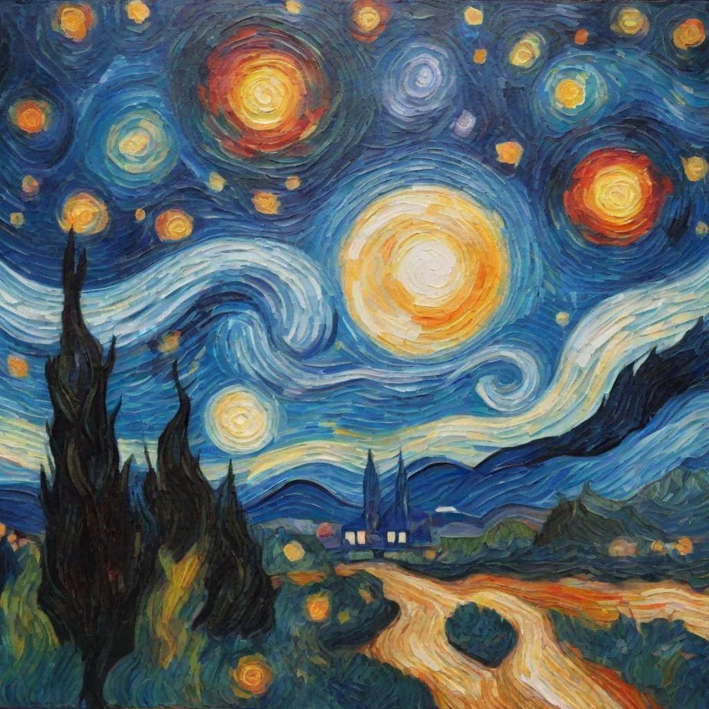 A modern interpretation of Van Gogh's 'Starry Night' with vibrant colors and abstract shapes.