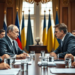 A historic meeting scene depicting Vladimir Putin and Volodymyr Zelensky engaged in peaceful negotiations