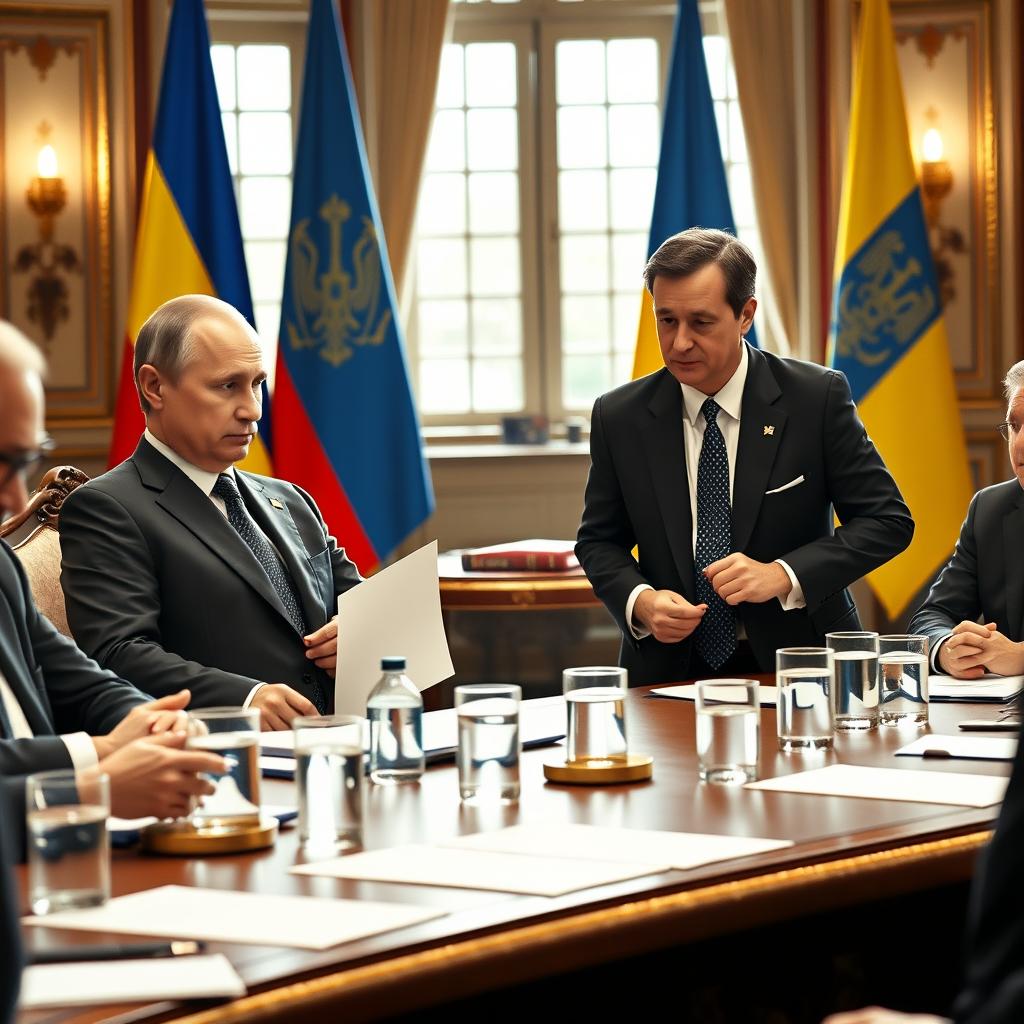 A historic meeting scene depicting Vladimir Putin and Volodymyr Zelensky engaged in peaceful negotiations