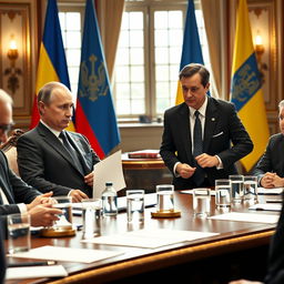 A historic meeting scene depicting Vladimir Putin and Volodymyr Zelensky engaged in peaceful negotiations