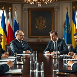 A historic meeting scene depicting Vladimir Putin and Volodymyr Zelensky engaged in peaceful negotiations