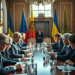 A historic meeting scene depicting Vladimir Putin and Volodymyr Zelensky engaged in peaceful negotiations