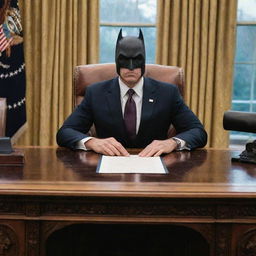 Illustrate Batman as the president of the United States, sitting behind the Resolute Desk in the Oval Office, wearing a formal suit, but with his Batman mask on.