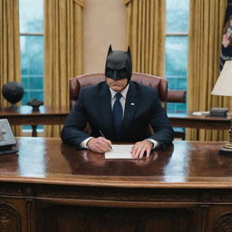 Illustrate Batman as the president of the United States, sitting behind the Resolute Desk in the Oval Office, wearing a formal suit, but with his Batman mask on.