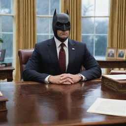 Illustrate Batman as the president of the United States, sitting behind the Resolute Desk in the Oval Office, wearing a formal suit, but with his Batman mask on.