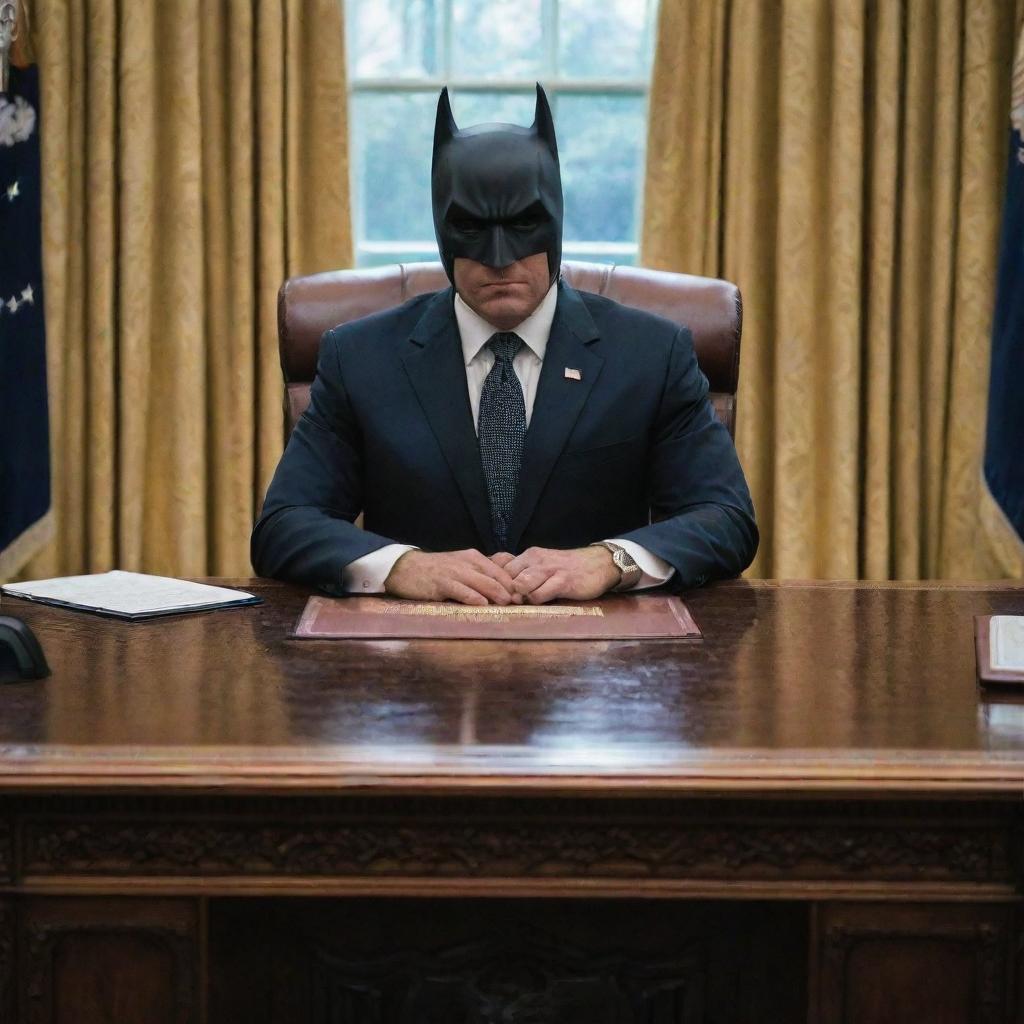 Illustrate Batman as the president of the United States, sitting behind the Resolute Desk in the Oval Office, wearing a formal suit, but with his Batman mask on.