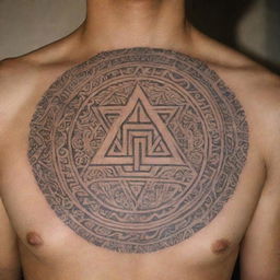 A detailed Polynesian style tattoo that incorporates the Hebrew word for 'God'. The design balances both cultures beautifully, using intricate line work and shapes familiar in both artwork styles.