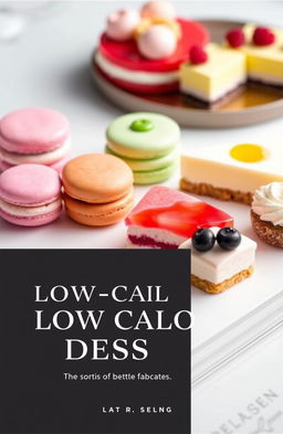 A visually appealing book cover for a collection of modern low-calorie desserts, featuring an assortment of beautifully designed pastries and cake slices arranged artfully