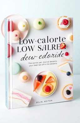 A visually appealing book cover for a collection of modern low-calorie desserts, featuring an assortment of beautifully designed pastries and cake slices arranged artfully