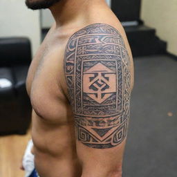 A detailed Polynesian style tattoo that incorporates the Hebrew word for 'God'. The design balances both cultures beautifully, using intricate line work and shapes familiar in both artwork styles.