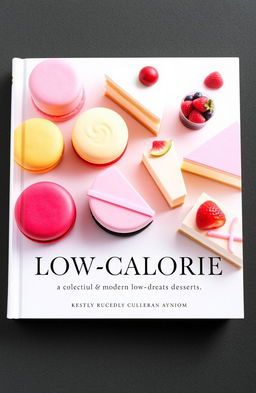 A visually appealing book cover for a collection of modern low-calorie desserts, featuring an assortment of beautifully designed pastries and cake slices arranged artfully