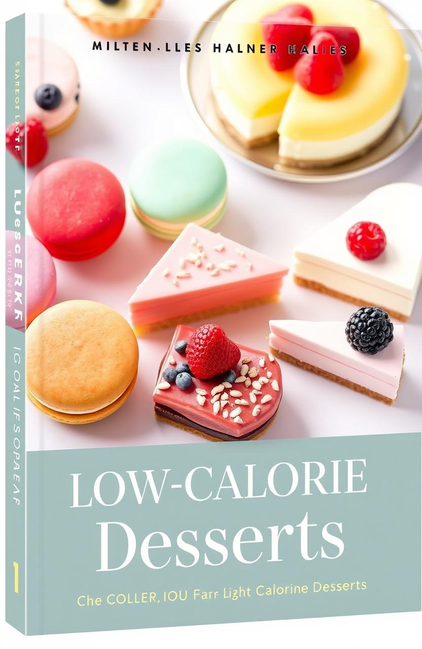 A visually appealing book cover for a collection of modern low-calorie desserts, featuring an assortment of beautifully designed pastries and cake slices arranged artfully