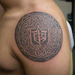 A detailed Polynesian style tattoo that incorporates the Hebrew word for 'God'. The design balances both cultures beautifully, using intricate line work and shapes familiar in both artwork styles.