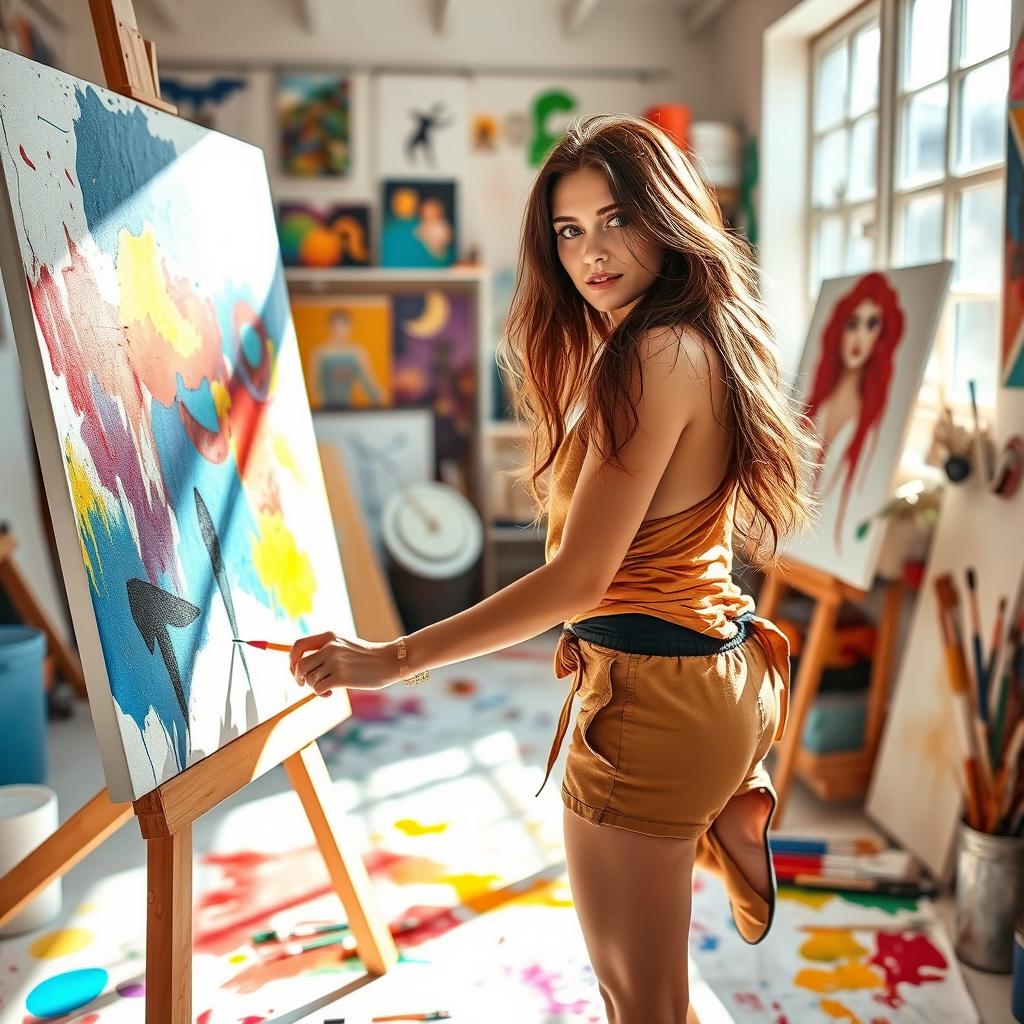 A beautiful female painter with an artistic flair, showcasing her talent in her bright, colorful studio