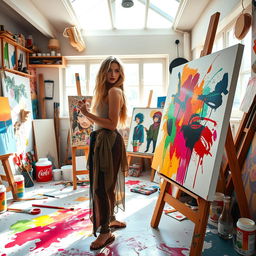 A beautiful female painter with an artistic flair, showcasing her talent in her bright, colorful studio