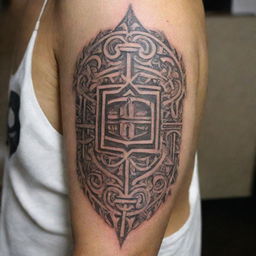 A detailed Polynesian style tattoo that incorporates the Hebrew word for 'God'. The design balances both cultures beautifully, using intricate line work and shapes familiar in both artwork styles.