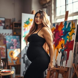 A beautiful and voluptuous female painter standing in front of a colorful canvas, her long flowing hair cascading down her shoulders