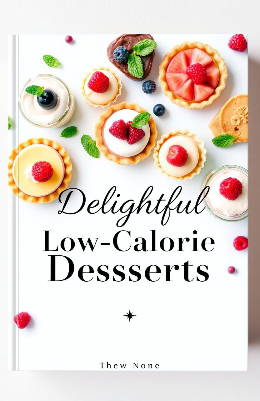 A beautifully designed book cover for a collection of modern low-calorie desserts