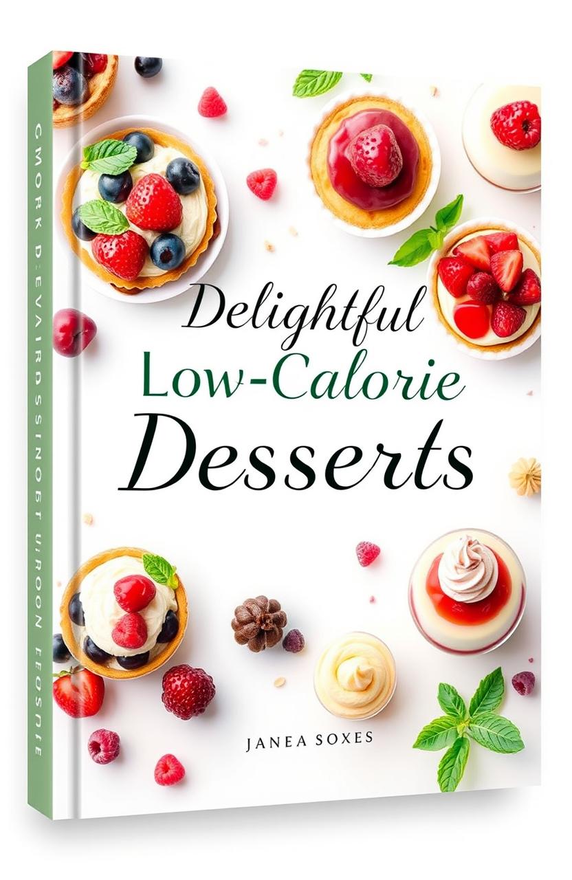 A beautifully designed book cover for a collection of modern low-calorie desserts