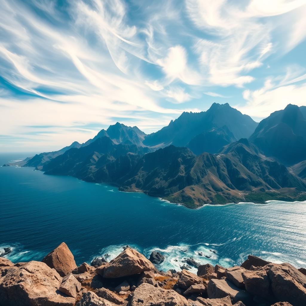 A breathtaking view of a sea mountain range, showcasing the dramatic contrast between the deep blue ocean and the rugged peaks of the mountains