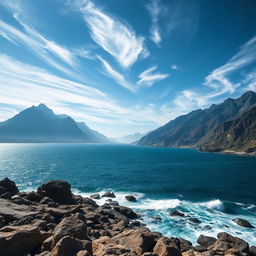 A breathtaking view of a sea mountain range, showcasing the dramatic contrast between the deep blue ocean and the rugged peaks of the mountains