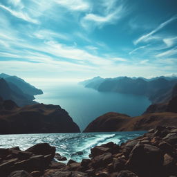 A breathtaking view of a sea mountain range, showcasing the dramatic contrast between the deep blue ocean and the rugged peaks of the mountains