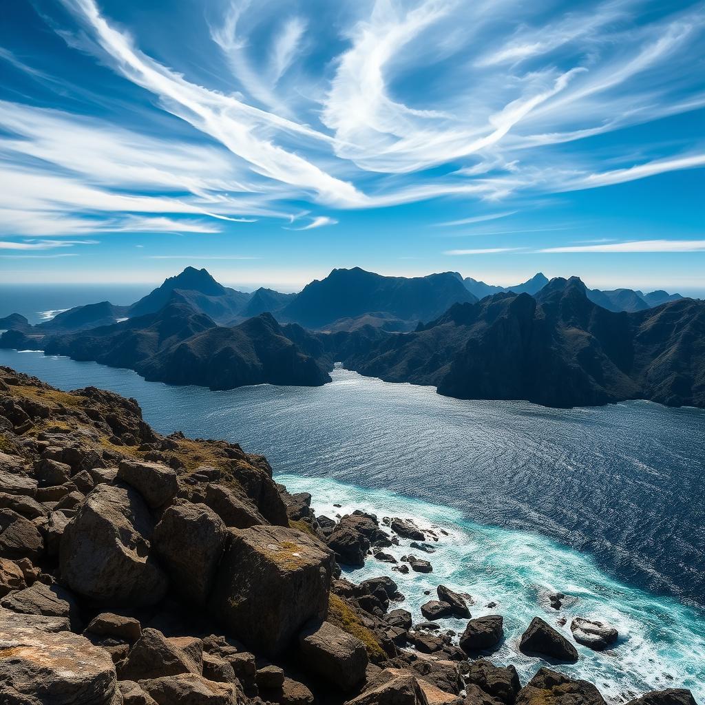 A breathtaking view of a sea mountain range, showcasing the dramatic contrast between the deep blue ocean and the rugged peaks of the mountains