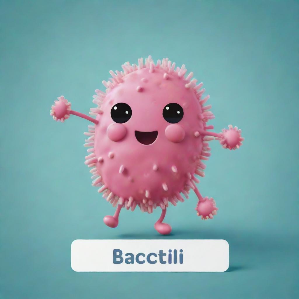 Design a cute card game character based on the Bacilli bacteria, which is rod-shaped. Ensure the character is charming and lovable while keeping the characteristic elongated structure of Bacilli bacteria.