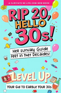 A vibrant and eye-catching book cover design featuring the title 'RIP 20s, Hello 30s! Your Survival Guide to the Decades' prominently displayed at the top