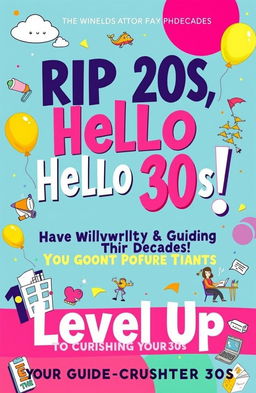 A vibrant and eye-catching book cover design featuring the title 'RIP 20s, Hello 30s! Your Survival Guide to the Decades' prominently displayed at the top