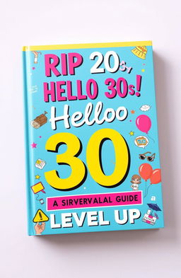 A vibrant and eye-catching book cover design featuring the title 'RIP 20s, Hello 30s! Your Survival Guide to the Decades' prominently displayed at the top