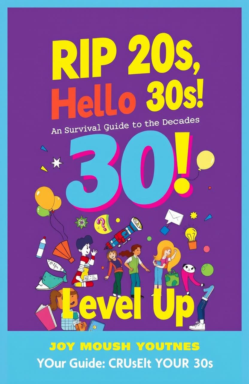 A vibrant and eye-catching book cover design featuring the title 'RIP 20s, Hello 30s! Your Survival Guide to the Decades' prominently displayed at the top