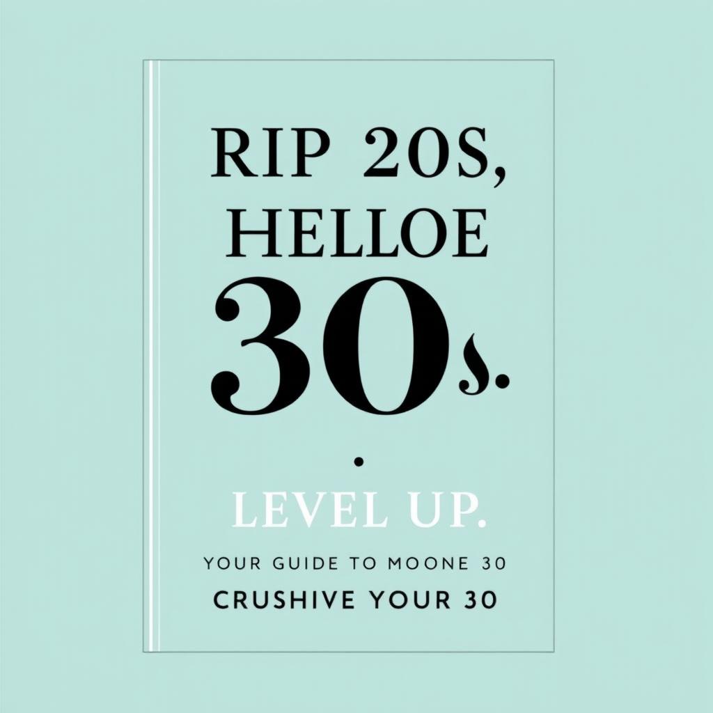 A stylish and minimalist book cover design featuring the title 'RIP 20s, Hello 30s! Your Survival Guide to the Decades' prominently at the top, rendered in a bold, elegant typeface