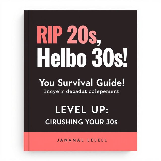 A stylish and minimalist book cover design featuring the title 'RIP 20s, Hello 30s! Your Survival Guide to the Decades' prominently at the top, rendered in a bold, elegant typeface