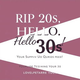 A stylish and minimalist book cover design featuring the title 'RIP 20s, Hello 30s! Your Survival Guide to the Decades' prominently at the top, rendered in a bold, elegant typeface