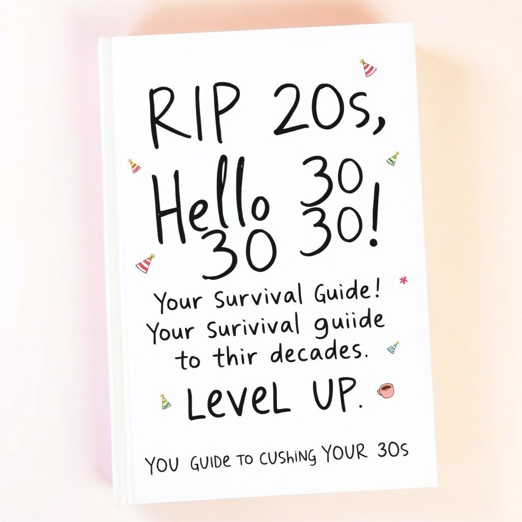 A charming and simple book cover design featuring the title 'RIP 20s, Hello 30s! Your Survival Guide to the Decades' in playful handwriting-style lettering, giving it a personal touch