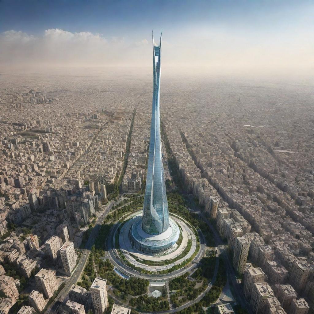 A futuristic skyline of Tehran in 2024, reflecting the possible influences and architectural advancements under the rule of Mohammad Reza Shah Pahlavi. Combine modern design elements and traditional Iranian culture in the architectural style.