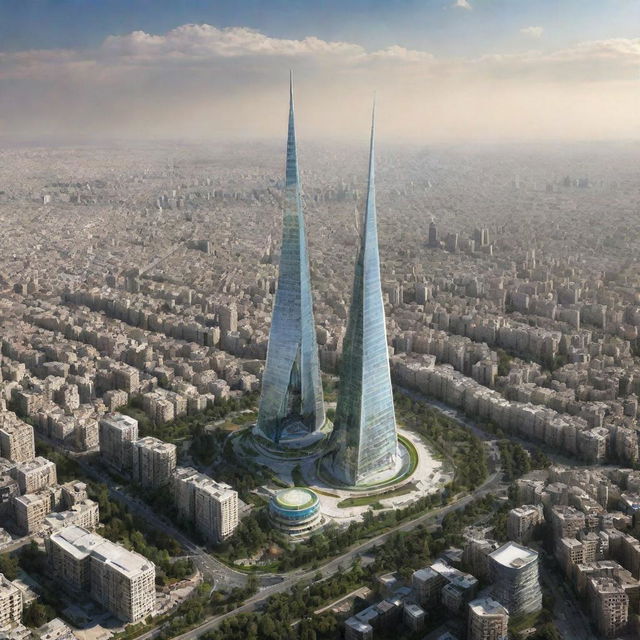 A futuristic skyline of Tehran in 2024, reflecting the possible influences and architectural advancements under the rule of Mohammad Reza Shah Pahlavi. Combine modern design elements and traditional Iranian culture in the architectural style.