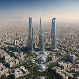 A futuristic skyline of Tehran in 2024, reflecting the possible influences and architectural advancements under the rule of Mohammad Reza Shah Pahlavi. Combine modern design elements and traditional Iranian culture in the architectural style.