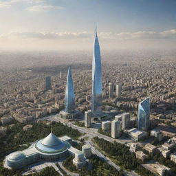 A futuristic skyline of Tehran in 2024, reflecting the possible influences and architectural advancements under the rule of Mohammad Reza Shah Pahlavi. Combine modern design elements and traditional Iranian culture in the architectural style.