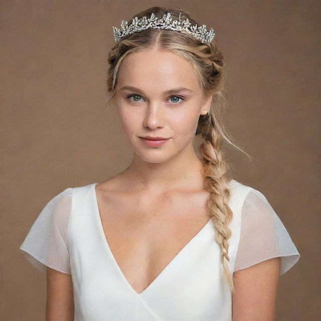 Chloe Bourgeois in a simple yet elegant white dress with a flowing silhouette. Her blonde hair is styled in a crown braid, adorned with a few loose strands framing her face. She emanates sophistication and grace.