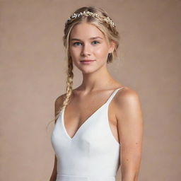 Chloe Bourgeois in a simple yet elegant white dress with a flowing silhouette. Her blonde hair is styled in a crown braid, adorned with a few loose strands framing her face. She emanates sophistication and grace.