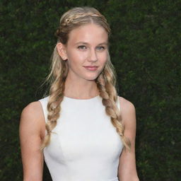 Chloe Bourgeois in a simple yet elegant white dress with a flowing silhouette. Her blonde hair is styled in a crown braid, adorned with a few loose strands framing her face. She emanates sophistication and grace.