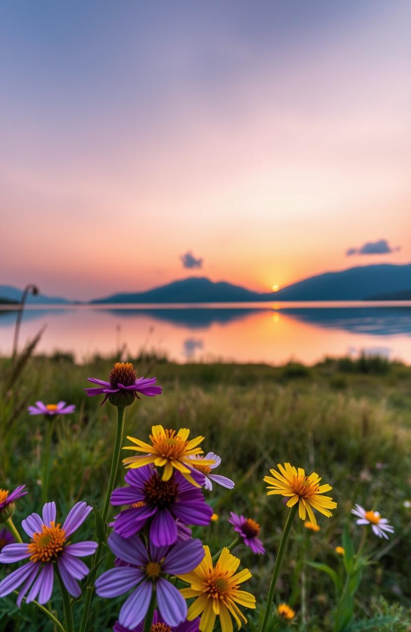 A beautifully composed photograph showcasing a serene landscape at dawn, with soft pastel colors in the sky reflecting on a calm lake