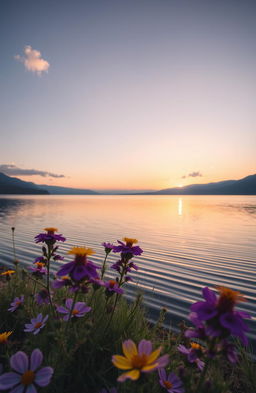 A beautifully composed photograph showcasing a serene landscape at dawn, with soft pastel colors in the sky reflecting on a calm lake