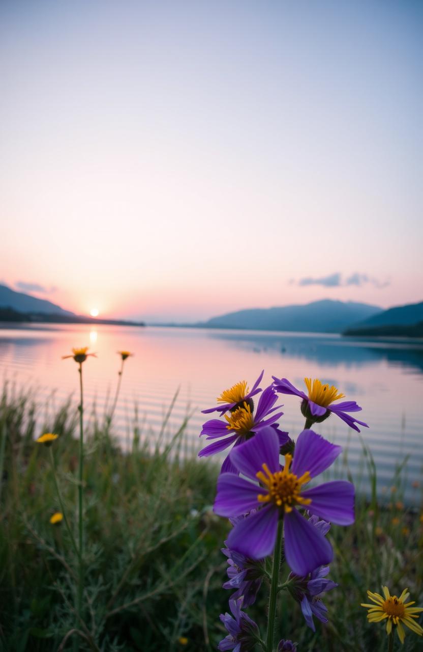 A beautifully composed photograph showcasing a serene landscape at dawn, with soft pastel colors in the sky reflecting on a calm lake