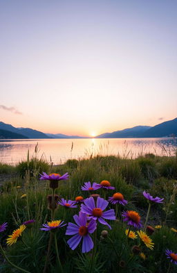 A beautifully composed photograph showcasing a serene landscape at dawn, with soft pastel colors in the sky reflecting on a calm lake