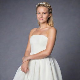 Chloe Bourgeois in a simple yet elegant white dress with a flowing silhouette. Her blonde hair is styled in a crown braid, adorned with a few loose strands framing her face. She emanates sophistication and grace.