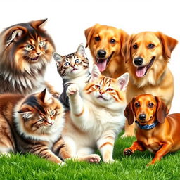 A delightful scene featuring a variety of cats and dogs of different breeds playfully interacting on a lush green grass lawn